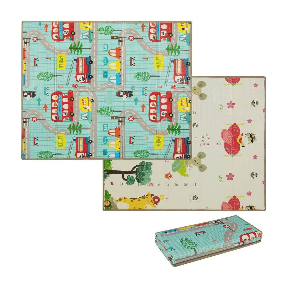 Baby Play Mat with colourful road and bus pattern on one side and animal pattern on the other