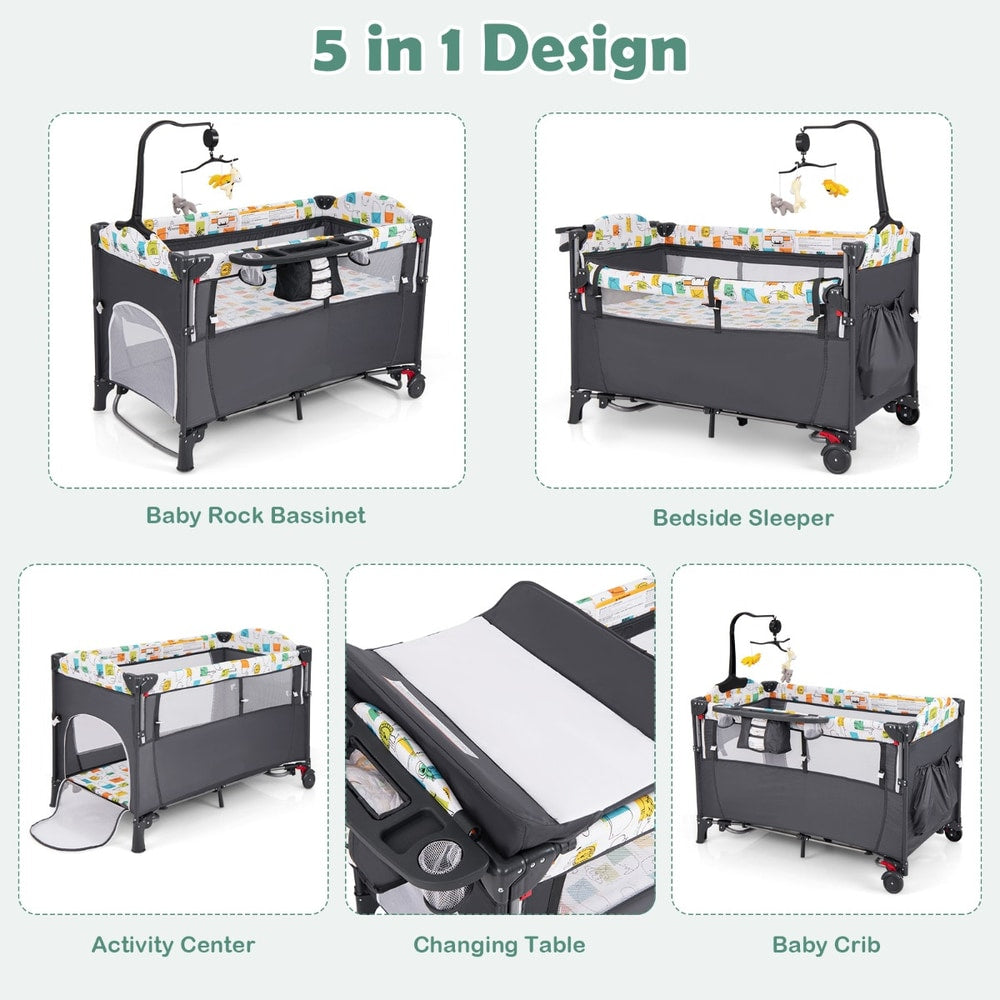 Five in one baby bassinet design showing activity center, changing table, baby crib and bedside sleeper