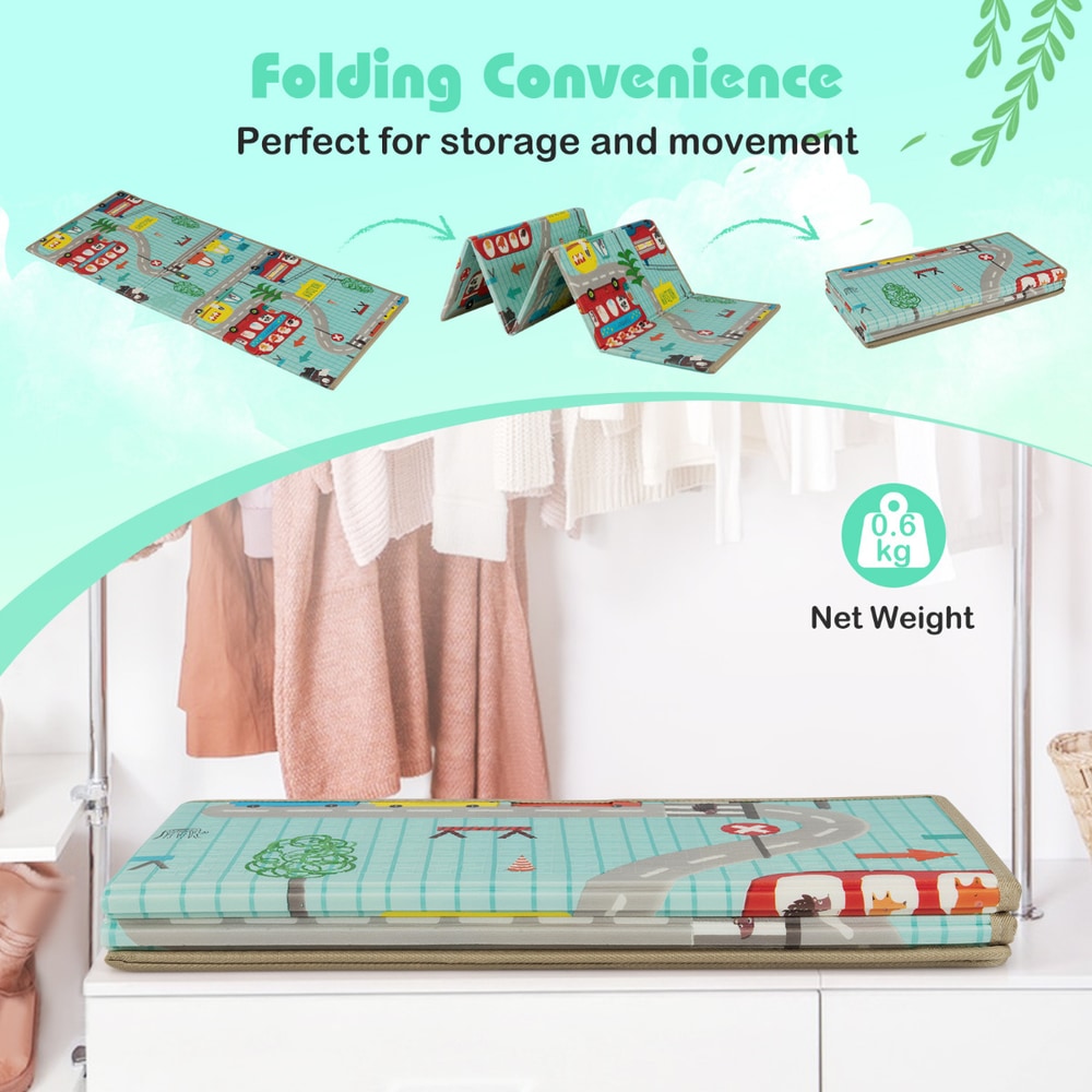 The foldable baby activity mat folded for storage