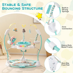 Close up of the baby walker's stable and safe bouncing structure with metal frame and non-slip foot pad