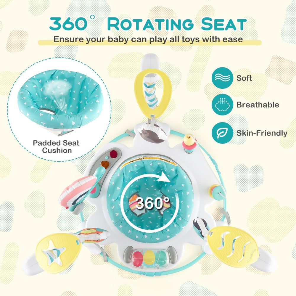The baby walker's 360 degree rotating seat with padded cushion and interactive toys