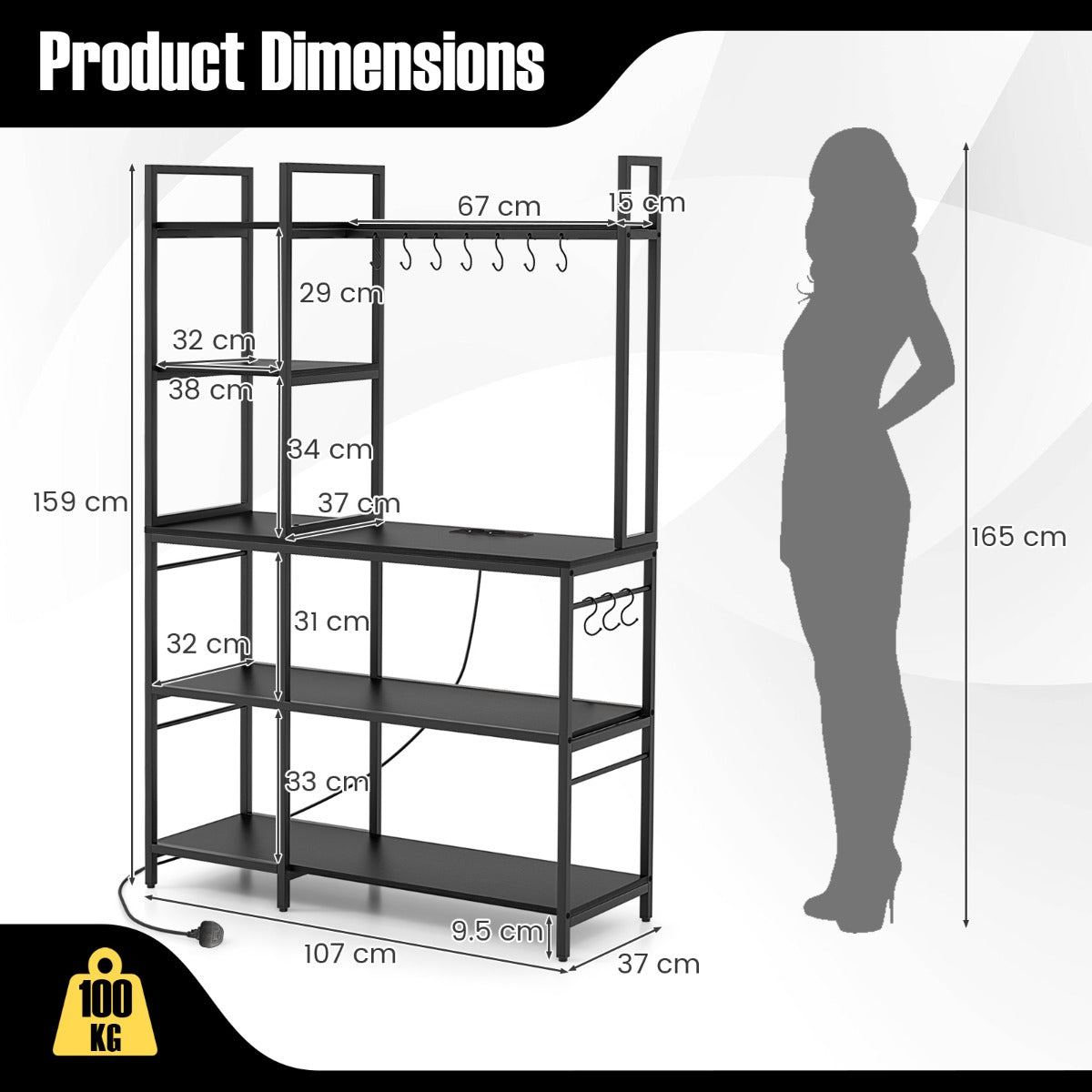 Bakers Rack with Power Outlets and 10 S-Shaped Hooks-Black