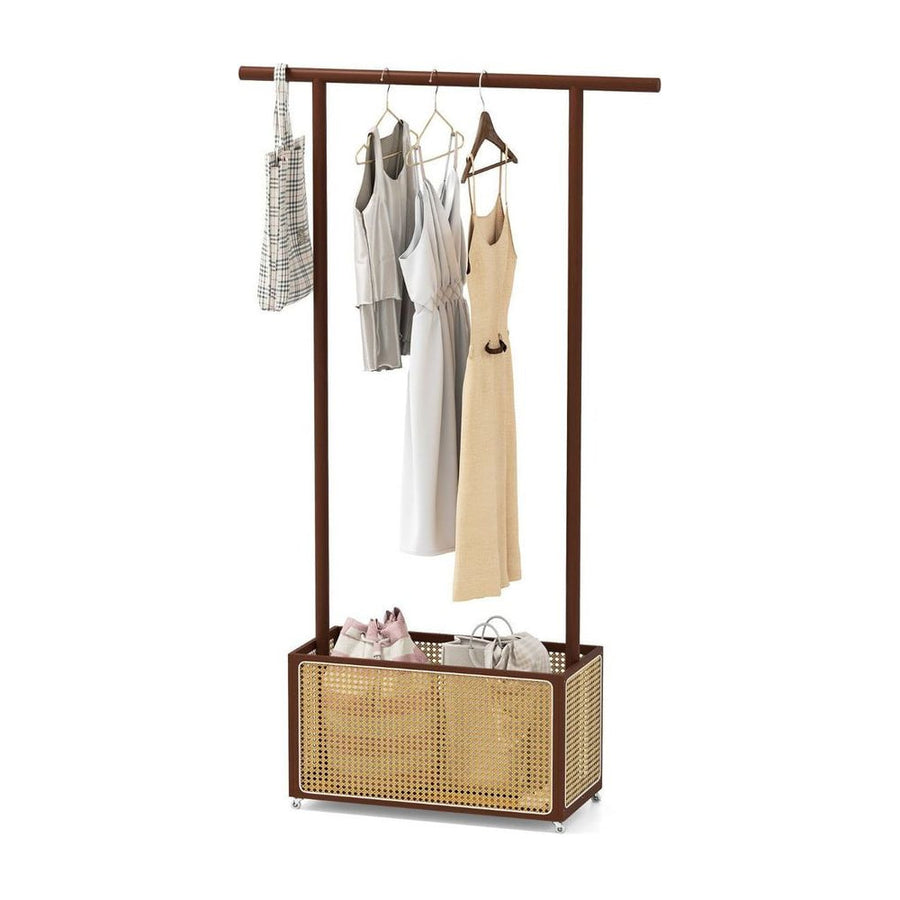 Bamboo Clothes Rack 2-In-1 Clothing Hanging Rail with a storage basket at the bottom