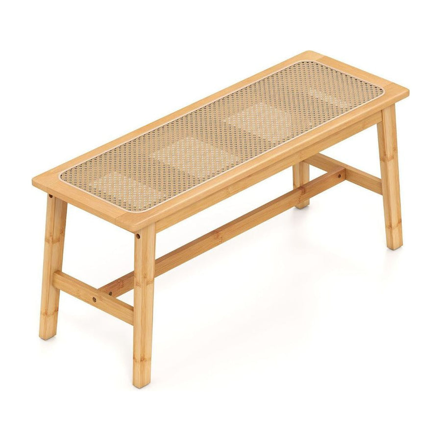 Bamboo Entryway Dining Bench with Handwoven Rattan Seat shown from a high angle on a white background