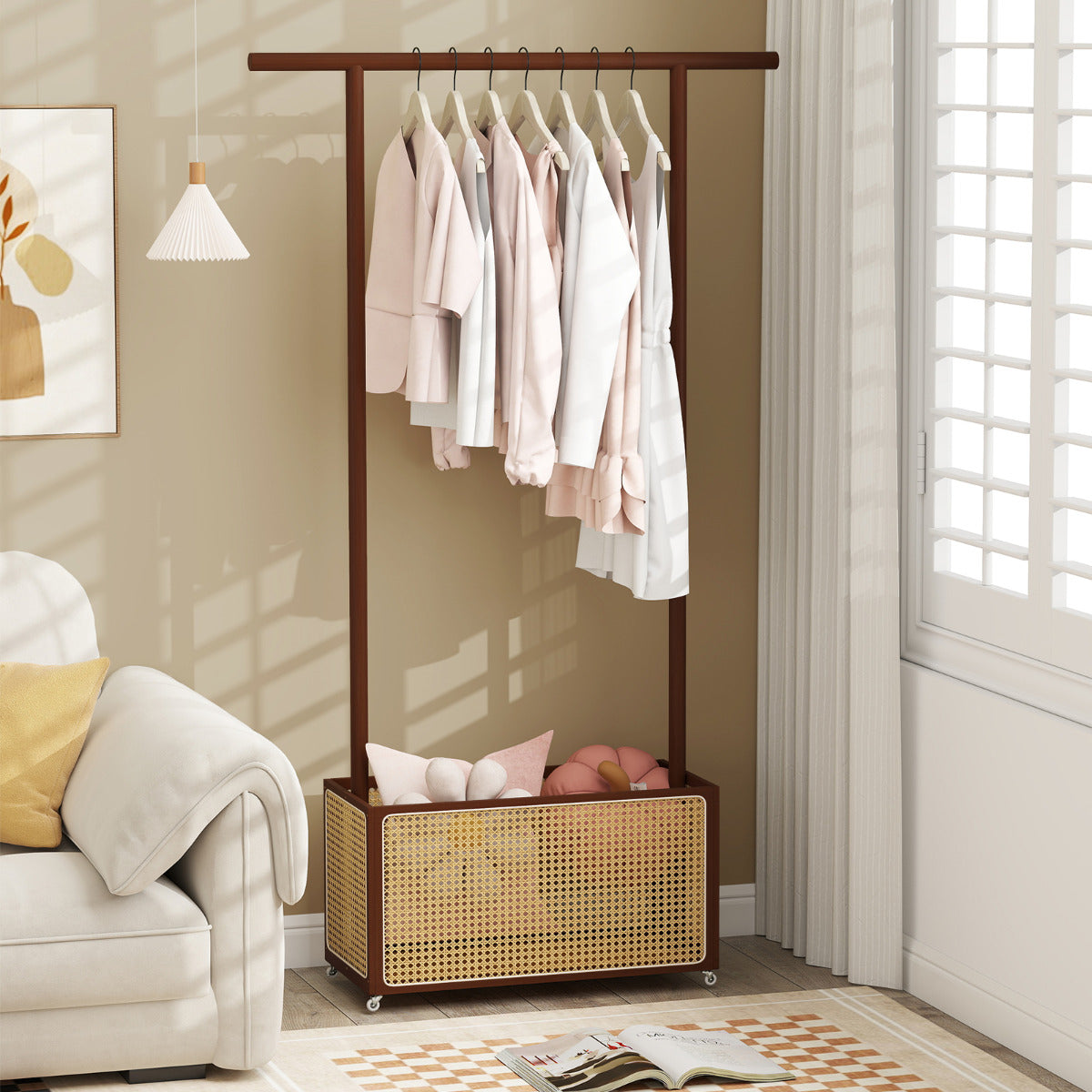 Bamboo Clothes Rack 2-In-1 Clothing Hanging Rail-Brown