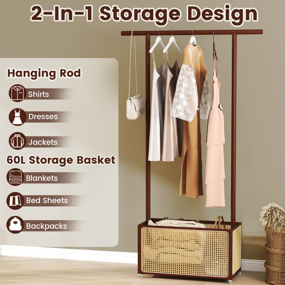 Bamboo Clothes Rack 2-In-1 Clothing Hanging Rail-Brown