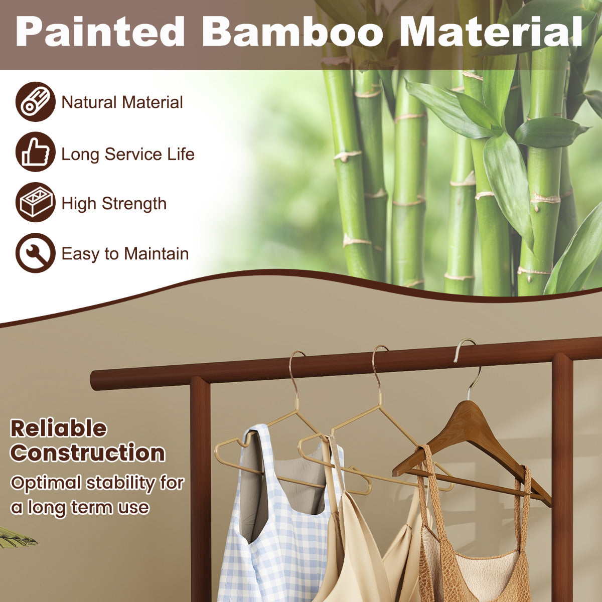 Bamboo Clothes Rack 2-In-1 Clothing Hanging Rail-Brown