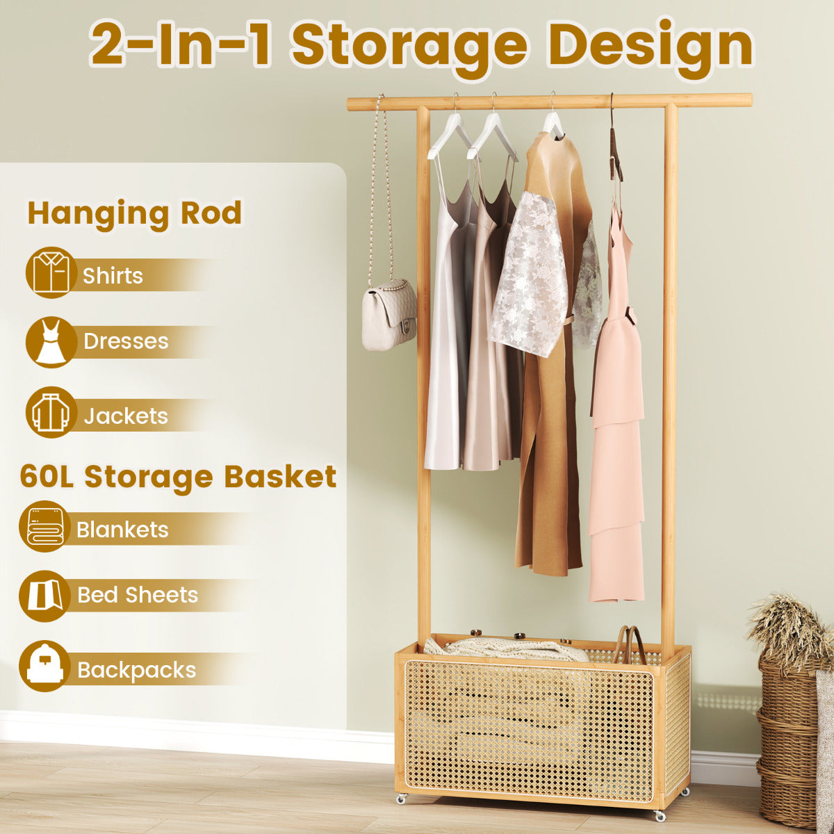 Bamboo Clothes Rack 2-In-1 Clothing Hanging Rail-Natural