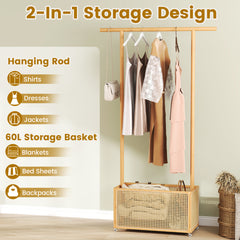 Bamboo Clothes Rack 2-In-1 Clothing Hanging Rail-Natural