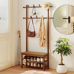 Bamboo Coat Rack PE Rattan Hall Tree with Bench and Shoe Storage-Brown