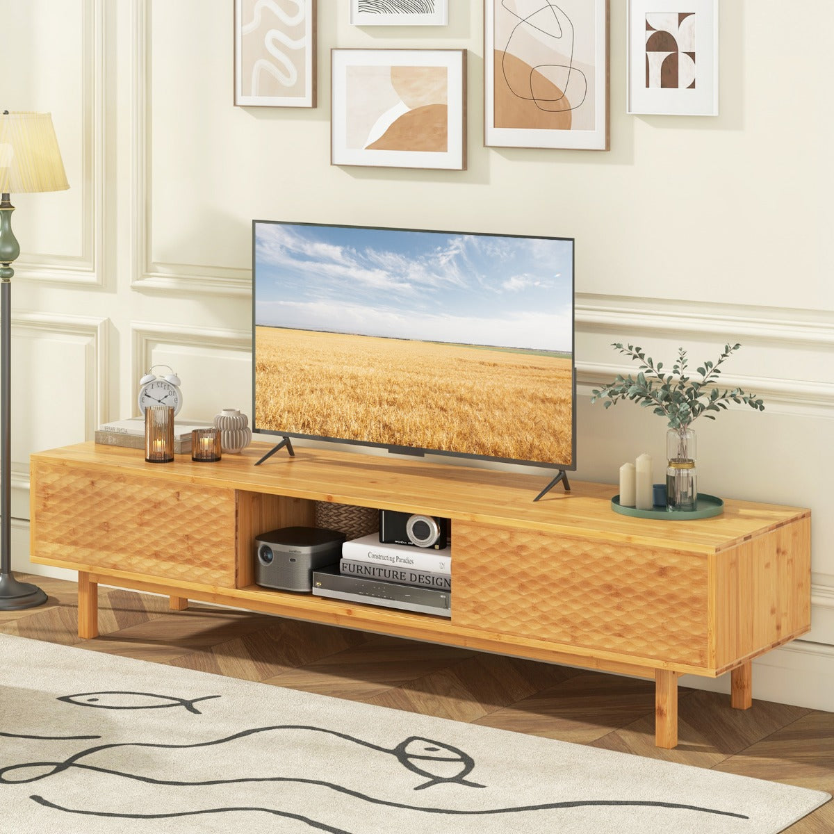 Bamboo TV Stand for 65" 70" TVs with Sliding Doors and 3 Storage Compartments-Natural
