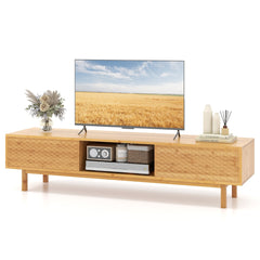Bamboo TV Stand for 65" 70" TVs with Sliding Doors and 3 Storage Compartments-Natural