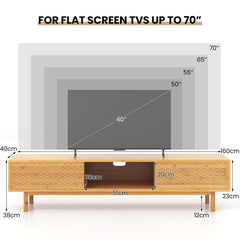 Bamboo TV Stand for 65" 70" TVs with Sliding Doors and 3 Storage Compartments-Natural