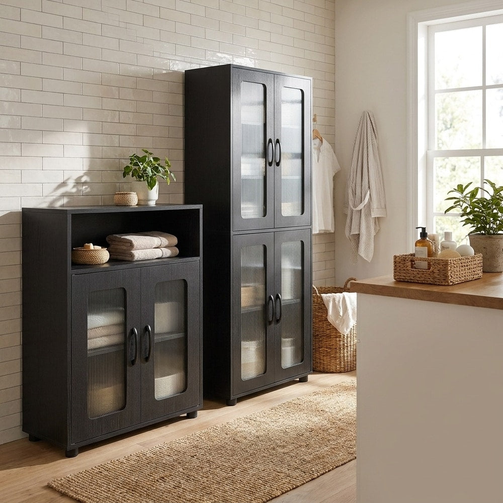 Bathroom Cabinet Set displayed in a bright room with towels and plants on the shelves