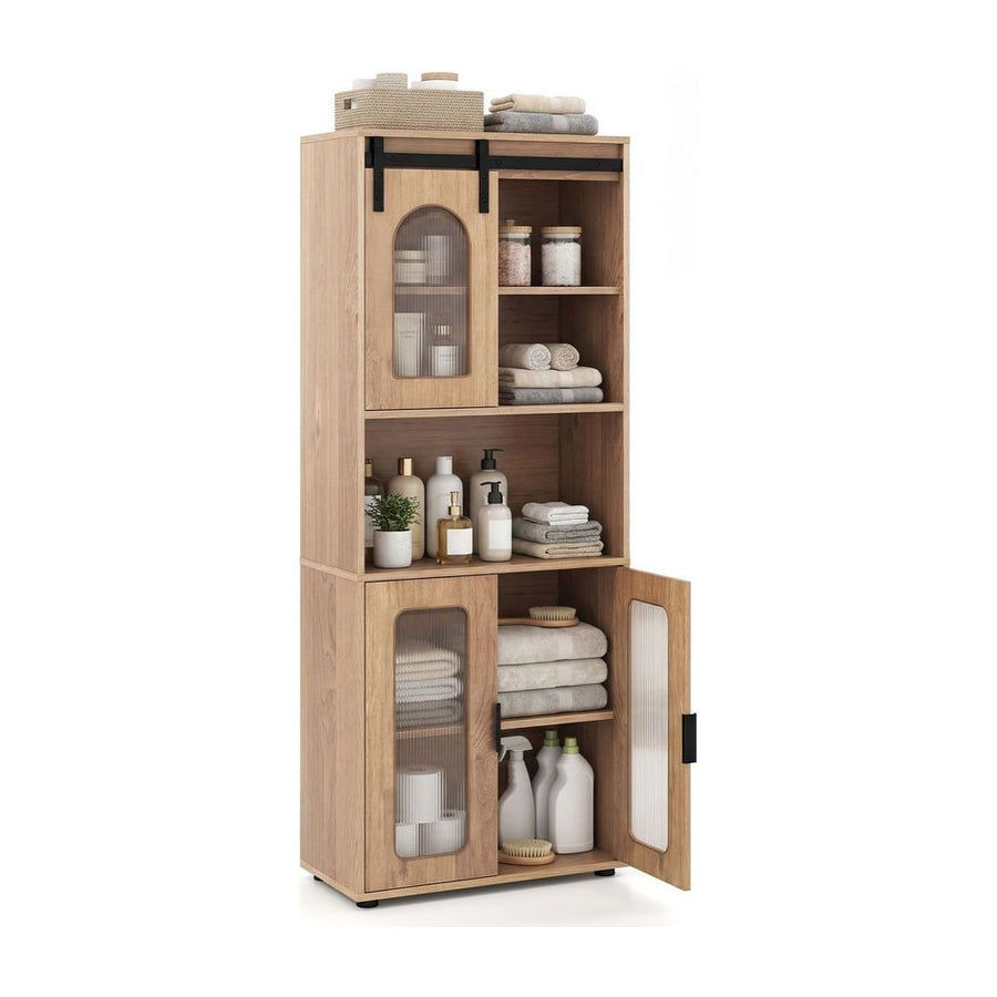 Bathroom Floor Cabinet with Shelves and Sliding Barn Door-Natural