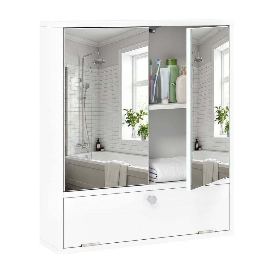 Bathroom Wall Cabinet with 2 Mirrored Doors & Flip-Down Door for Storage-White