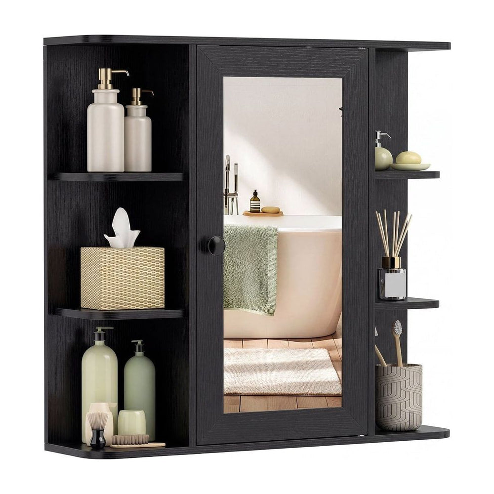 Bathroom Wall Cabinet with Mirror 3 Internal Shelves in black, showing the front with shelves and a mirrored door