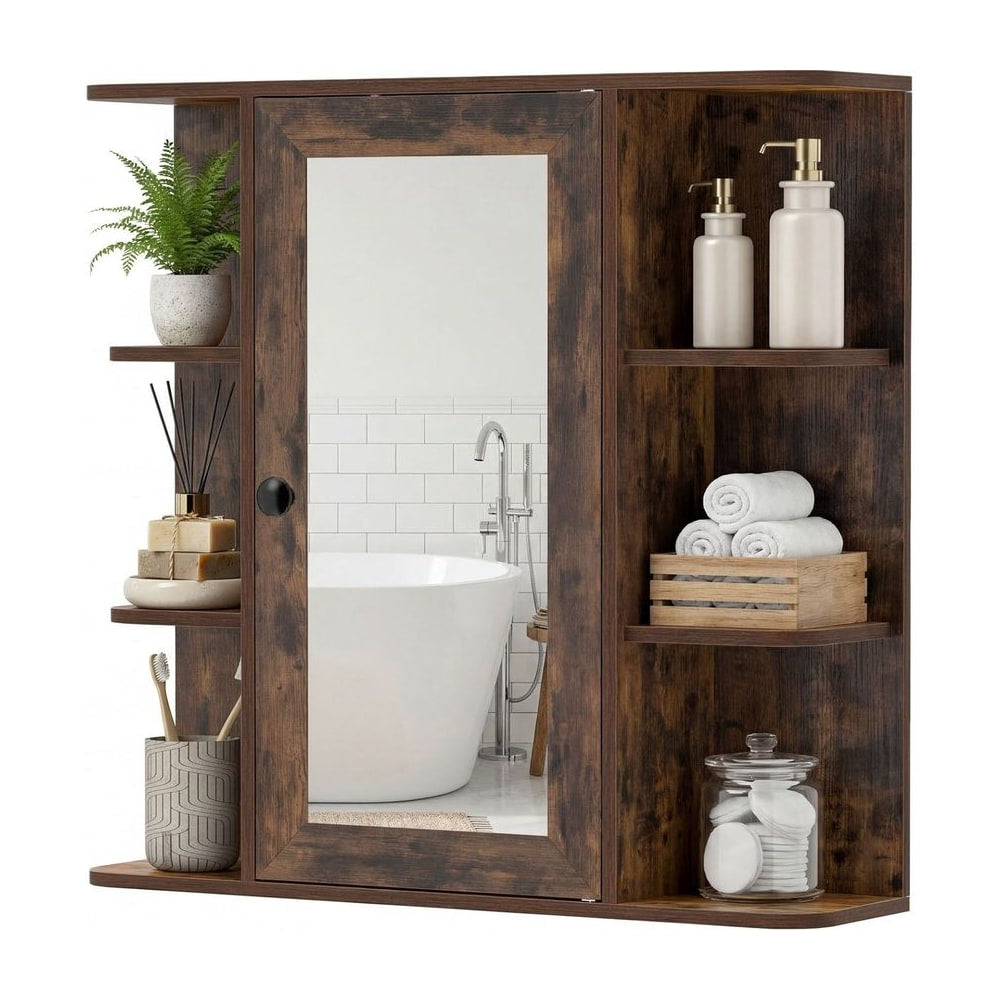 Bathroom Wall Cabinet with Mirror 3 Internal Shelves, a rustic brown wooden unit with a mirrored door and open shelving