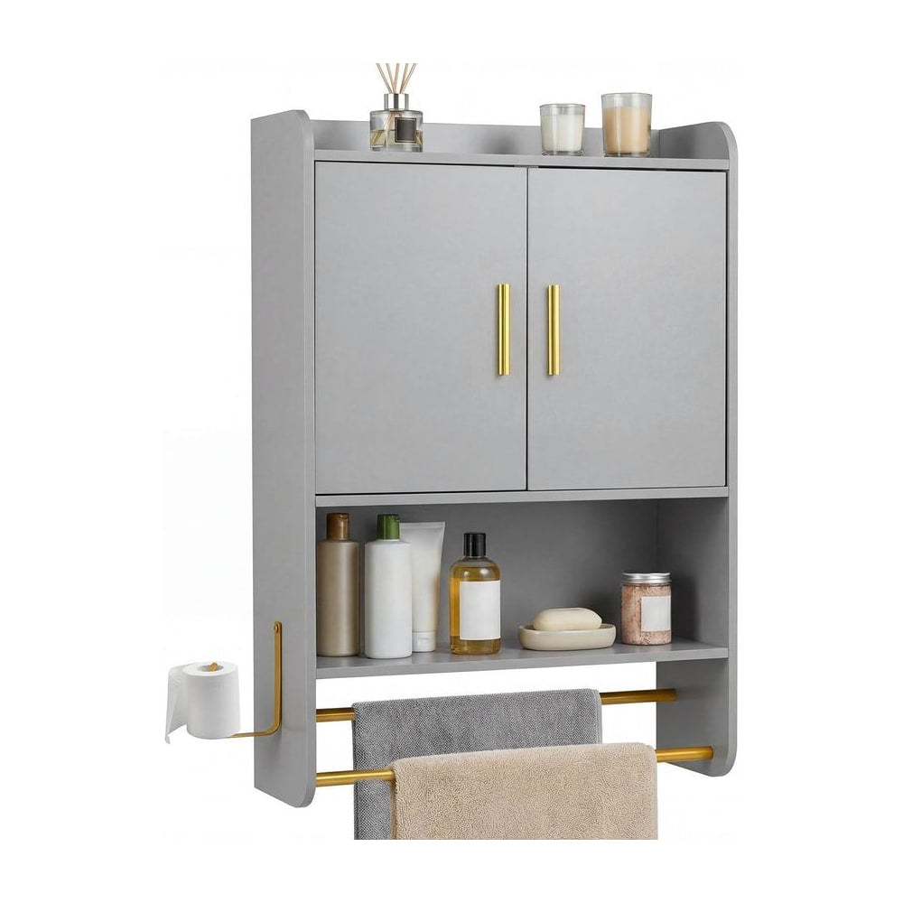 Bathroom Wall Cabinet with Open Shelves and Adjustable Shelf in grey with gold handles and towel rails