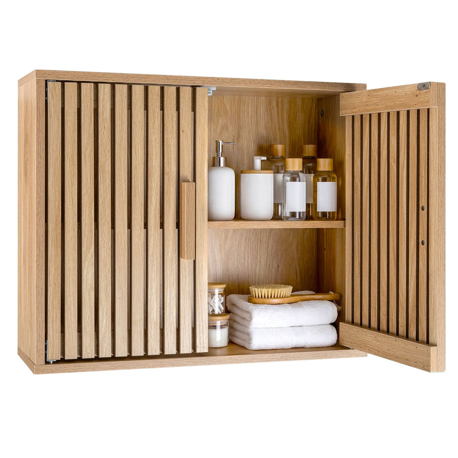 Bathroom Wall Cabinet with Slatted Doors and Adjustable Shelves in Natural