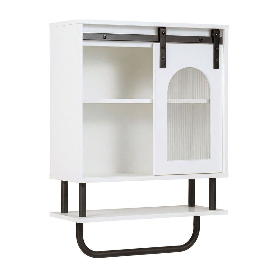 Bathroom Wall Cabinet with Sliding Barn Door and Metal Hanging Bar-White