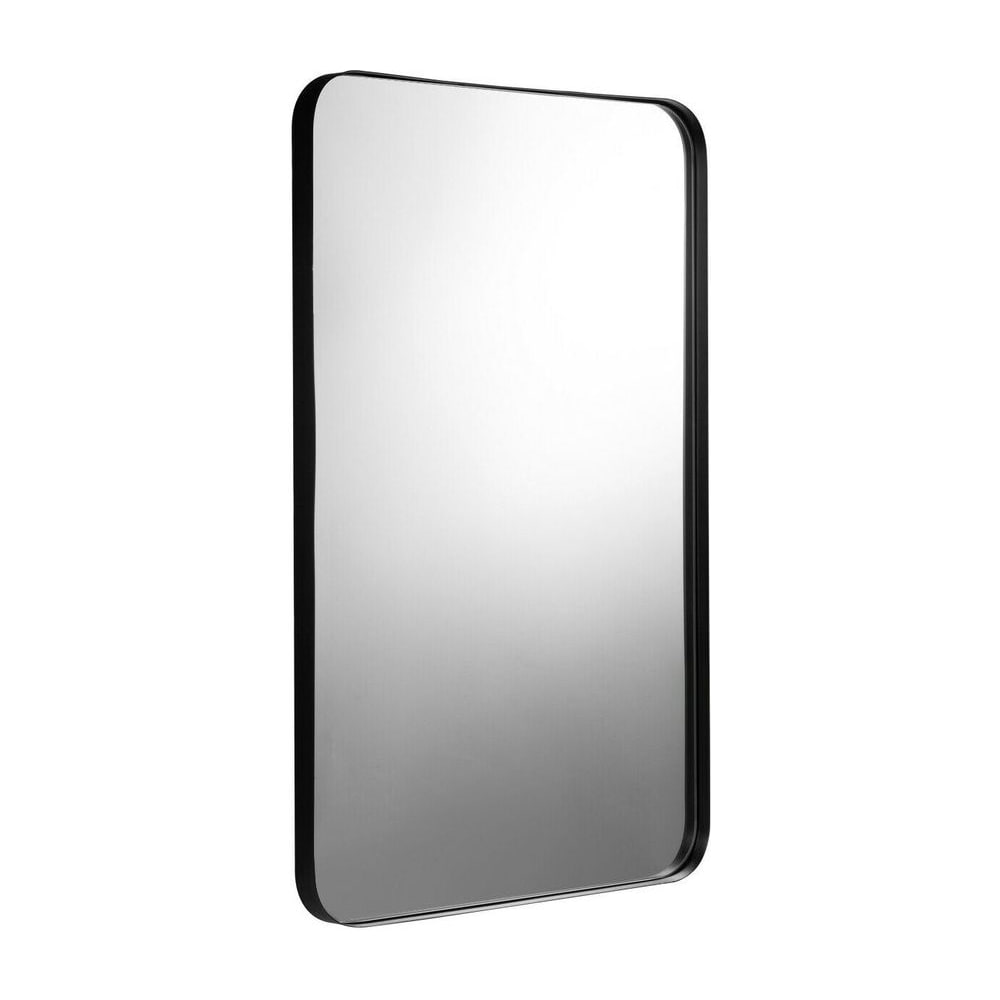 Bathroom Wall Mirror with Rounded Corner for Washroom, a rectangular black framed mirror with rounded corners