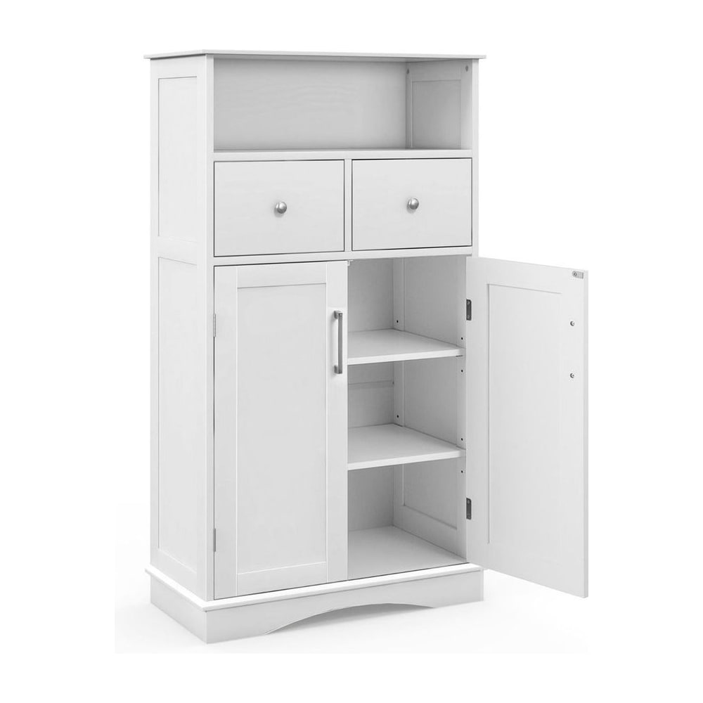 Bathroom Floor Cabinet with two doors and two drawers, shown with one door open