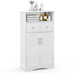 White floor cabinet with two doors and two drawers, filled with toiletries