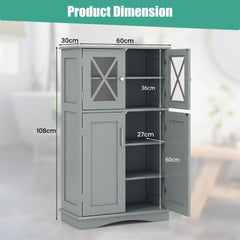 Product dimension diagram for the grey floor cabinet with measurements shown