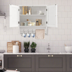 Wall Mounted Double Louvered Doors Storage Cabinet with Height Adjustable Shelf and Towels Bar-White