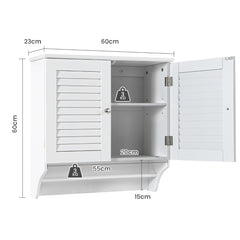 Wall Mounted Double Louvered Doors Storage Cabinet with Height Adjustable Shelf and Towels Bar-White