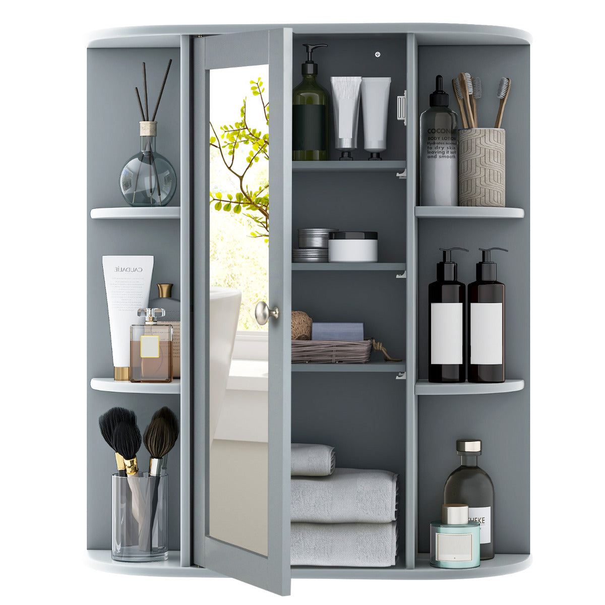 The wall cabinet with the central mirrored door open to reveal internal storage space