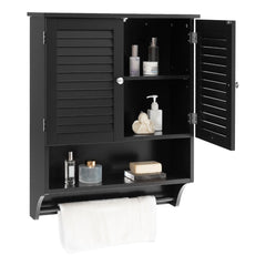 The wall cabinet with one door open showing internal shelves holding beauty products