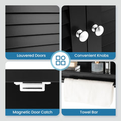 The wall cabinet features shown in four panels including louvered doors and magnetic catch