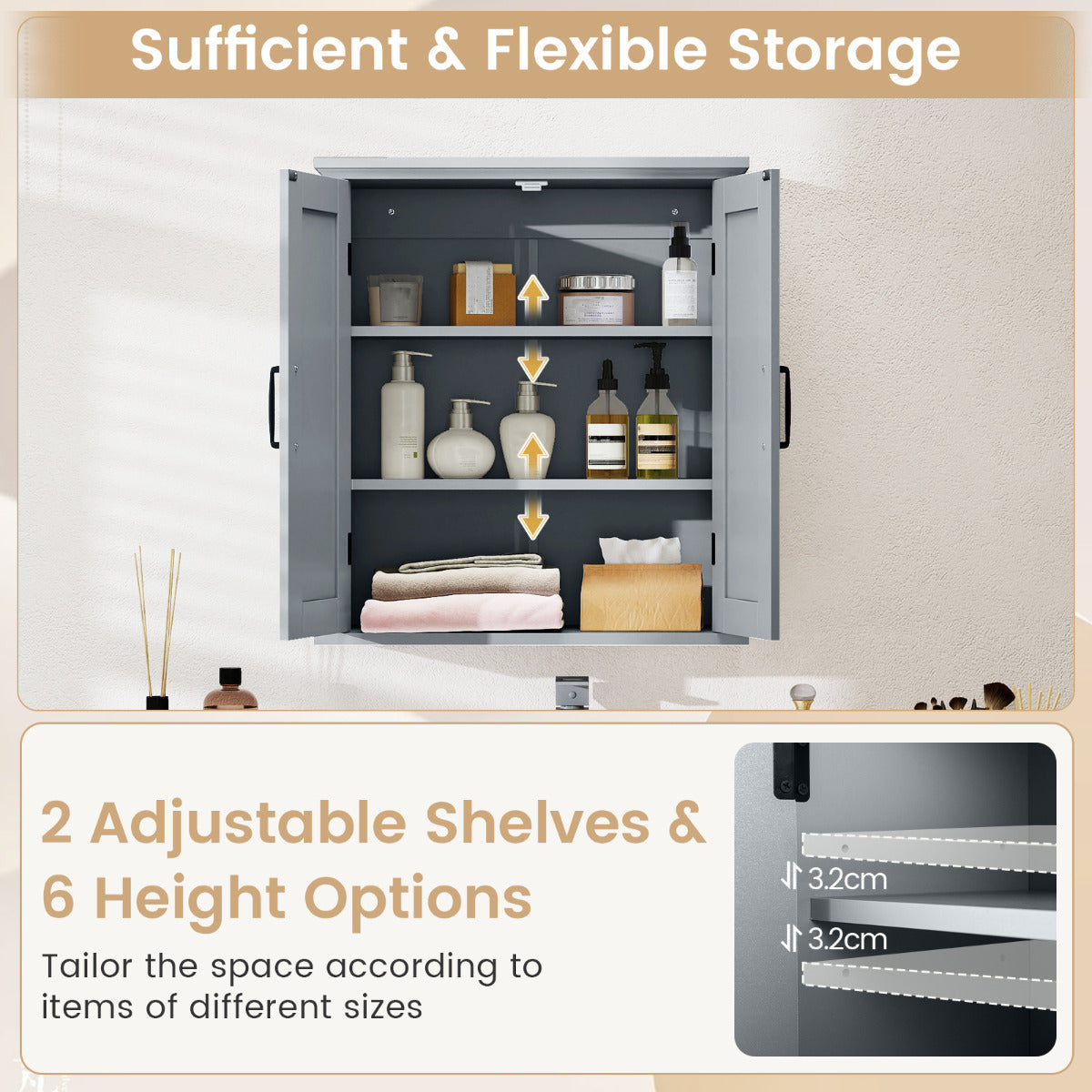 Bathroom Wall Cabinet with 2 Doors and Adjustable Shelves-Grey