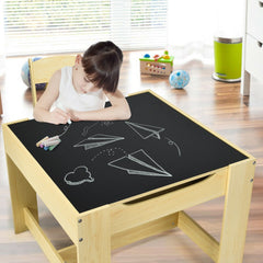 The kids table and chair set featuring a black chalkboard surface with drawings of planes