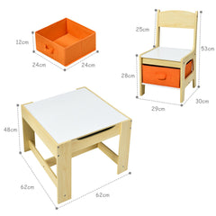 The kids table and chair set shown with dimension lines indicating the size of each piece