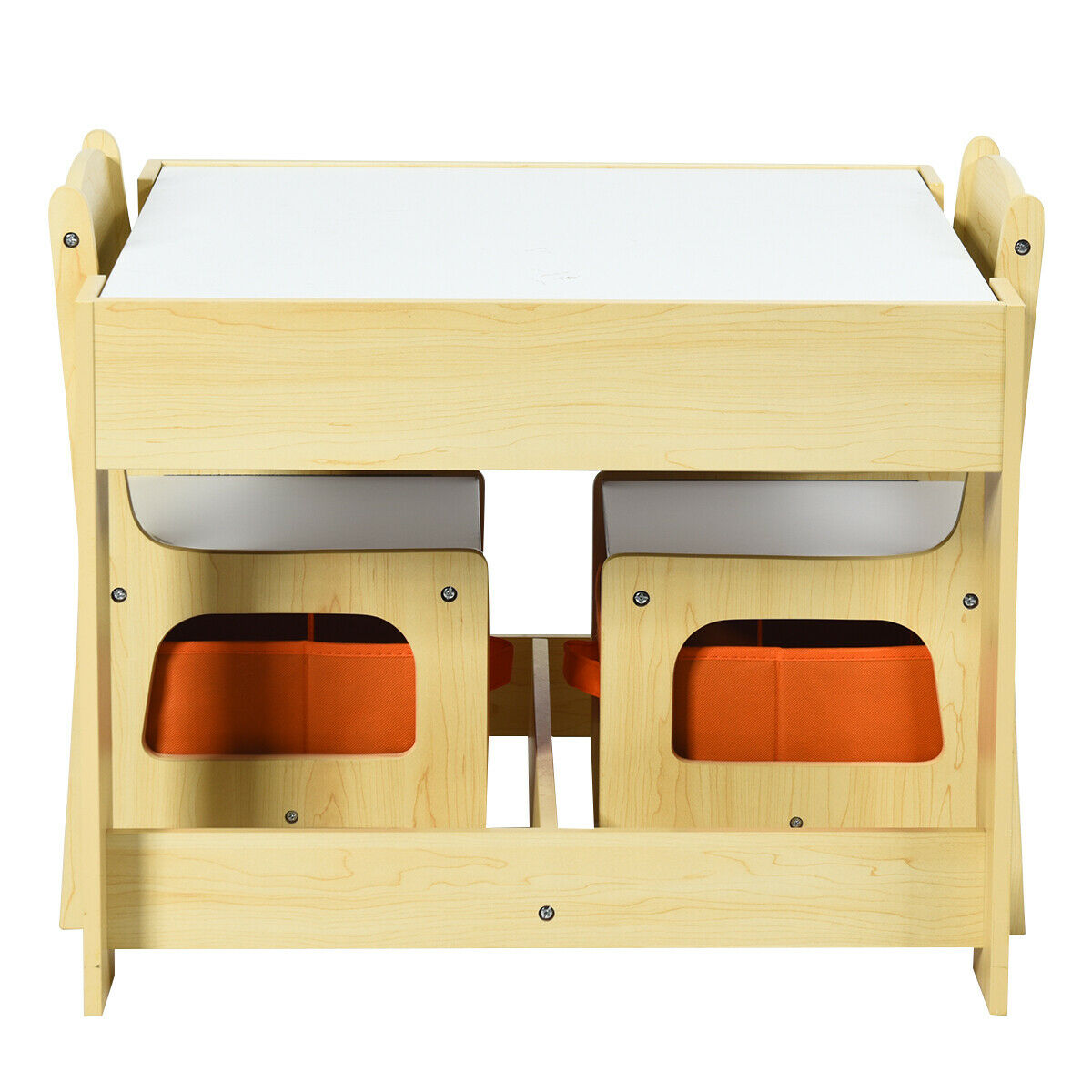 The kids table and chair set with both chairs tucked neatly under the wooden table