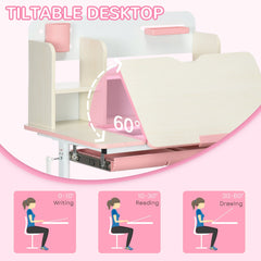 HOMCOM Kids Desk and Chair Set, with Storage Shelves, Washable Cover, for Ages 3-12 Years - Pink