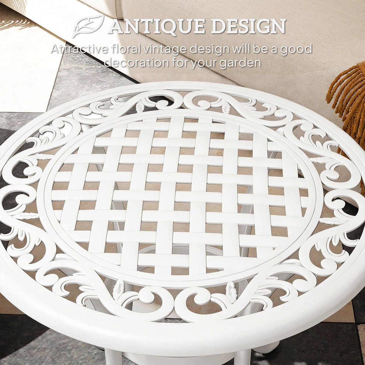 Outsunny 60 cm Round Garden Table, Cast Aluminium Outdoor Patio Table, White