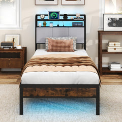 King Size Double Size Bed Frame with LED Light and Charging Station-Single Size