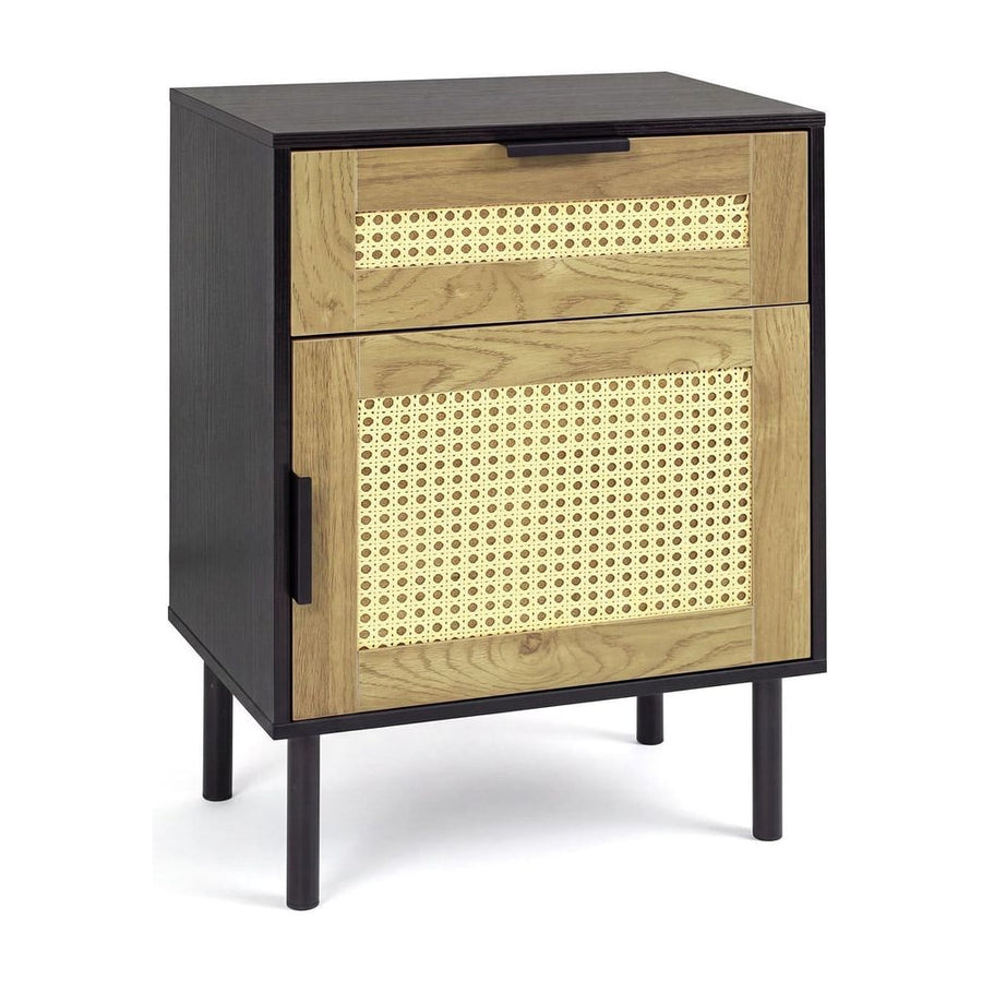 Bedside Table with Rattan-decorated Storage Drawer and Door Metal Legs-Black