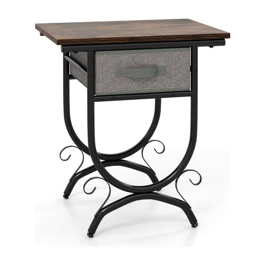 2-Tier Industrial Bedside Table with Fabric Drawer and Wood Top