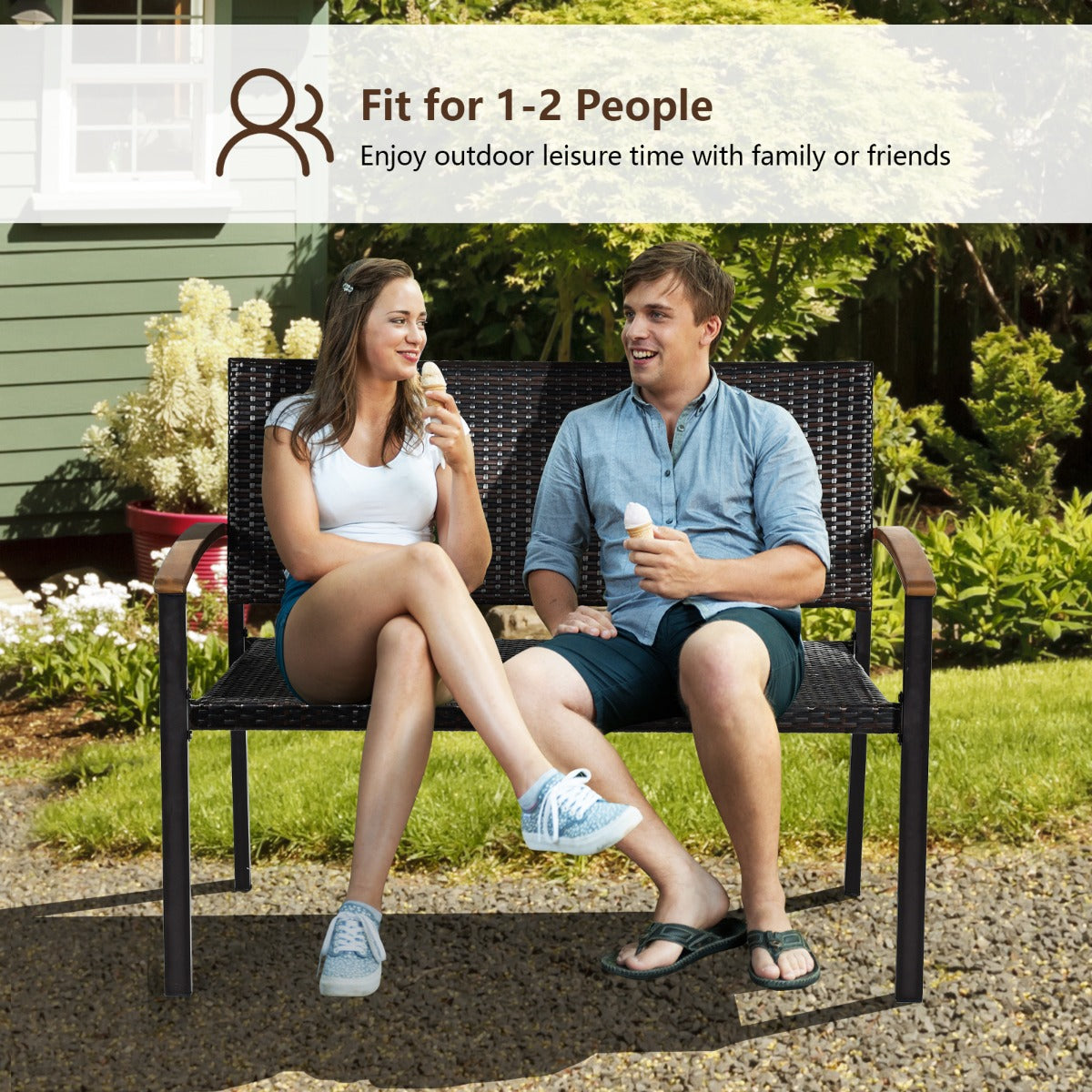 2-Person Outdoor Garden Stackable Bench with Acacia Wood Armrests