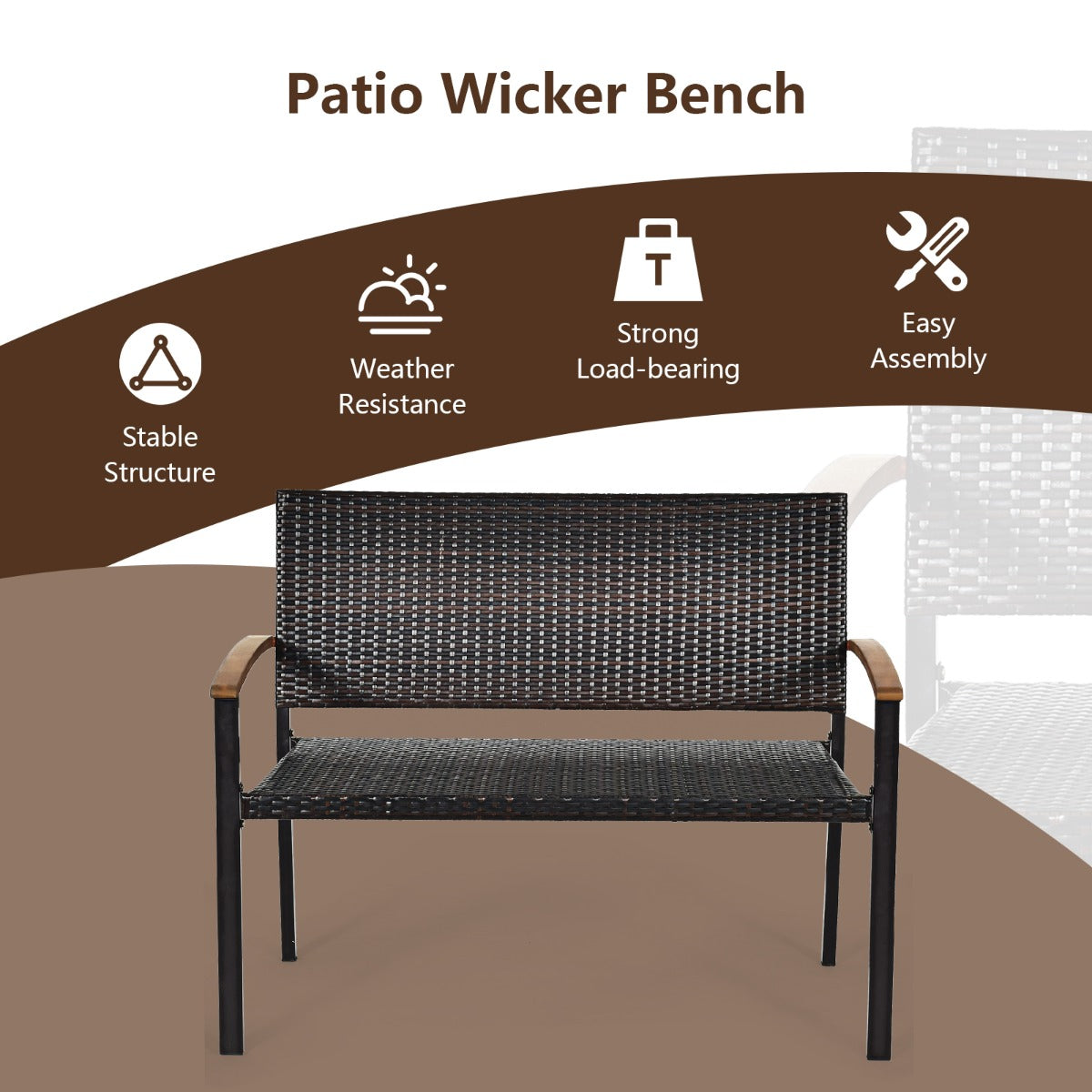 2-Person Outdoor Garden Stackable Bench with Acacia Wood Armrests