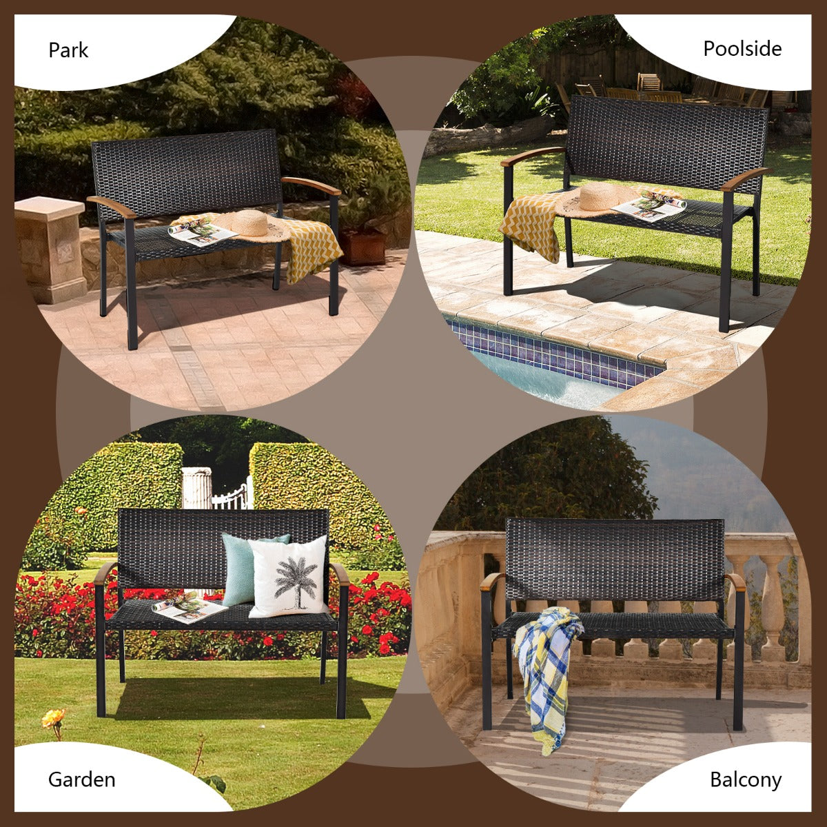 2-Person Outdoor Garden Stackable Bench with Acacia Wood Armrests