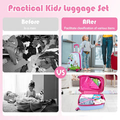 Comparison of messy clothes before and organised items in the kids luggage set