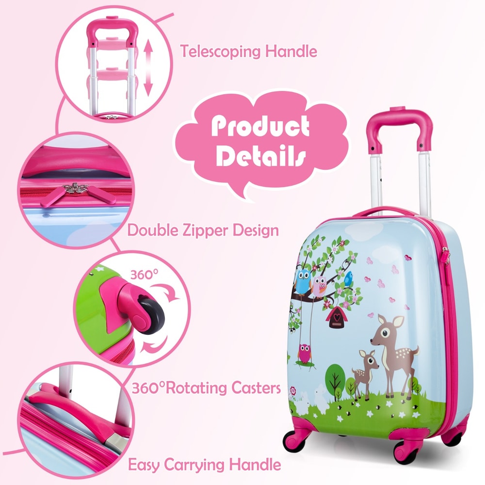 Close up details of the kids luggage set including zippers and wheels
