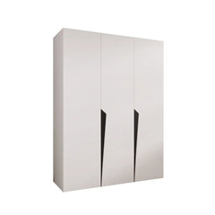 The hinged wardrobe in white, showing its three doors and minimalist handles