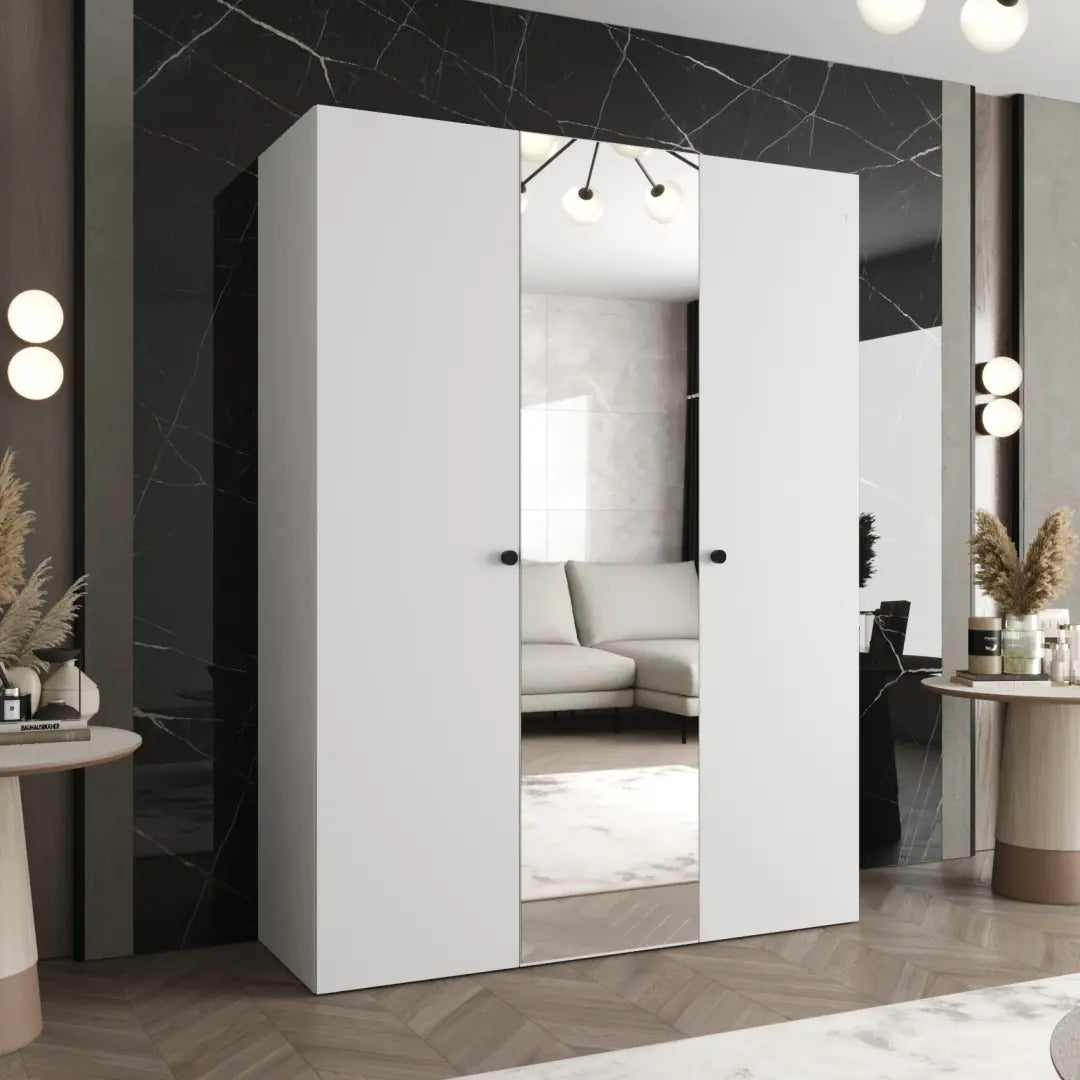 The hinged wardrobe in white with a central mirrored door